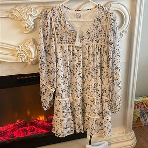 Blue Rain Floral Long Sleeve Dress - Black and Off White